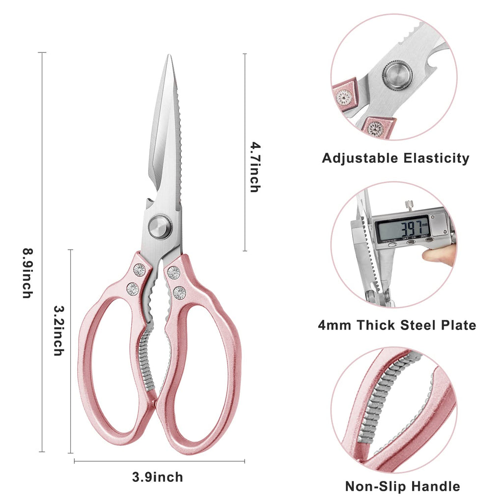 AWinjoy Kitchen Scissors, Heavy Duty Sharp Shears Dishwasher Safe, Rose Gold Cooking Accessories for Meat, Chicken, Fish, Poultry, Herb, Bread