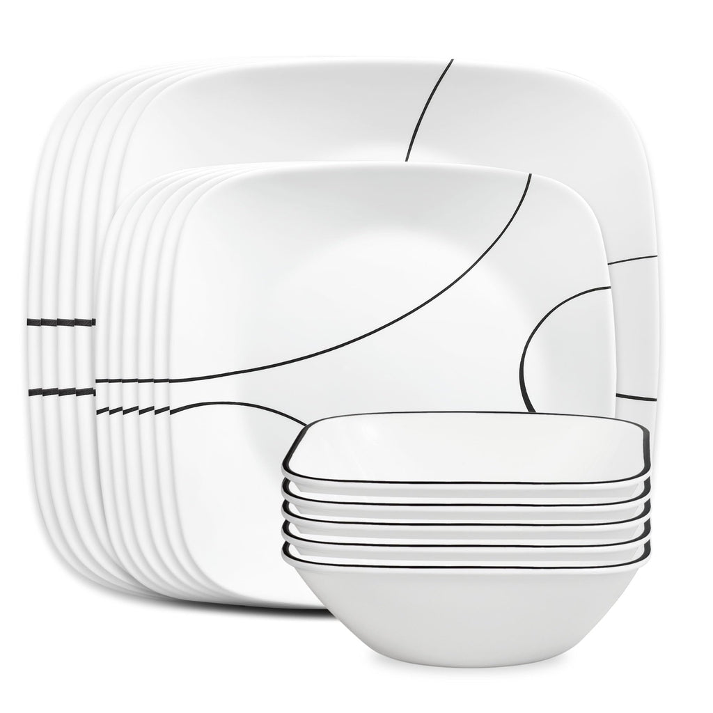 Corelle Vitrelle 18 Piece Glass Dinnerware Sets Rectangular Square Plate and Bowl Set Service for 6, Triple Layer Chip & Crack Resistant Glass Plate and Bowl Sets, Wandering Grove