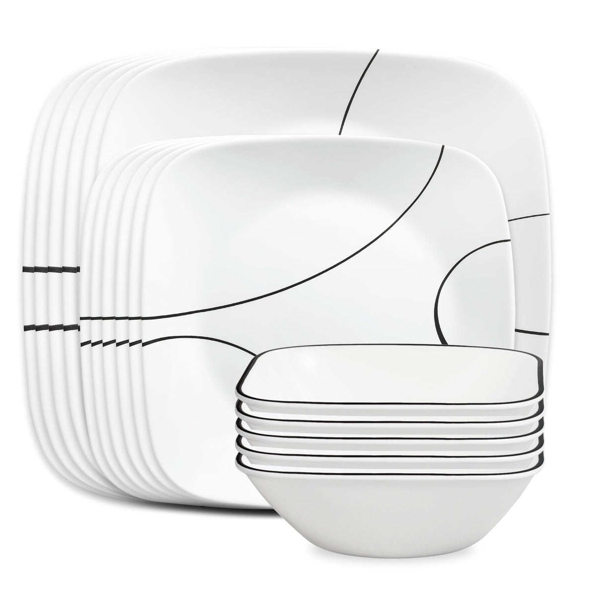 Corelle Vitrelle 18 Piece Glass Dinnerware Sets Rectangular Square Plate and Bowl Set Service for 6, Triple Layer Chip & Crack Resistant Glass Plate and Bowl Sets, Wandering Grove