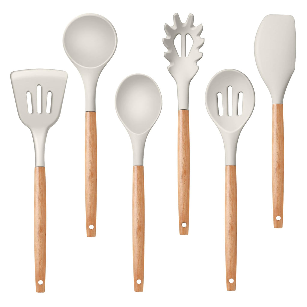 P&P CHEF 6 PCS Kitchen Utensils with Wooden Handle, Khaki