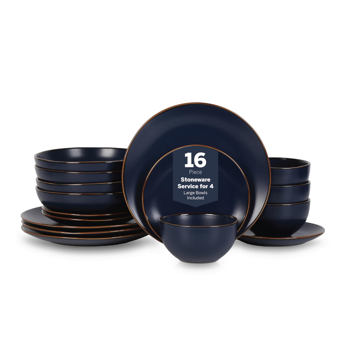 Stone Lain Brasa Stoneware 16 Piece Modern Dinnerware Set, Plates and Bowls, Service for 4, Black, Microwave & Dishwasher Safe