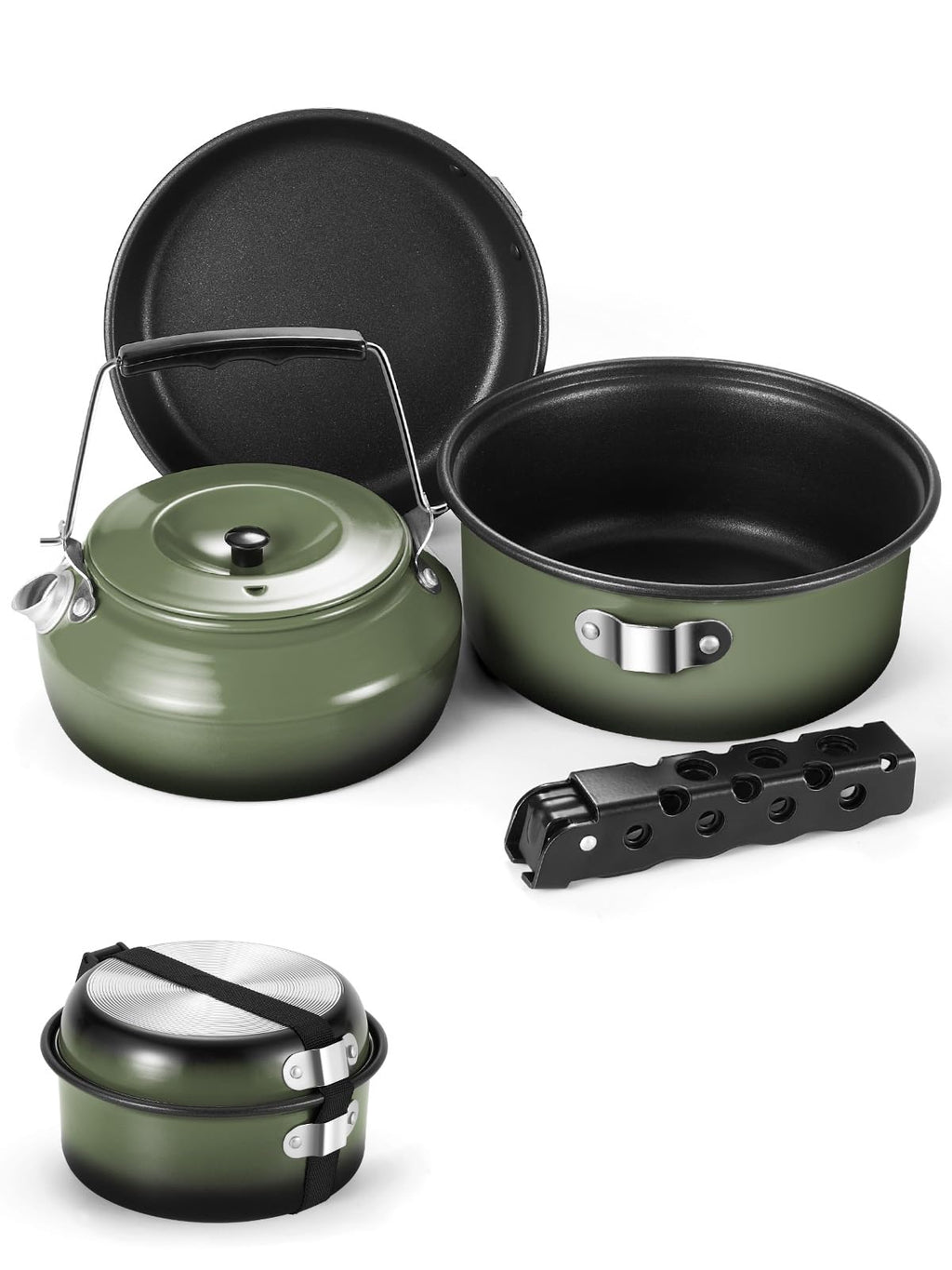 Odoland 5pcs Camping Cookware Non-Stick Camping Pot and Pan Set with Kettle and Removable Handle for Hiking Backpacking and Picnic(Blue)
