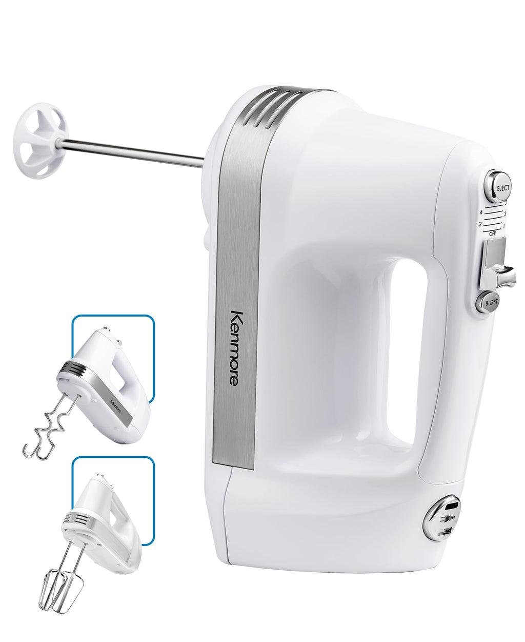Kenmore 5-Speed Hand Mixer/Blender, 250 Watts, with Beaters, Dough Hooks, Liquid Blending Rod, Automatic Cord Retract, Burst Control, and Clip-On Accessory Storage