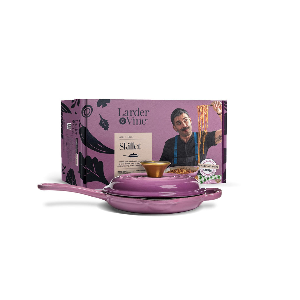 Chef Joe Sasto Small Skillet with Lid, Enameled Cast Iron, Small Frying Pan for Eggs, Omelets & Single Servings, Sweet Treats, Professional Cookware, Induction Compatible, Oven & Dishwasher Safe
