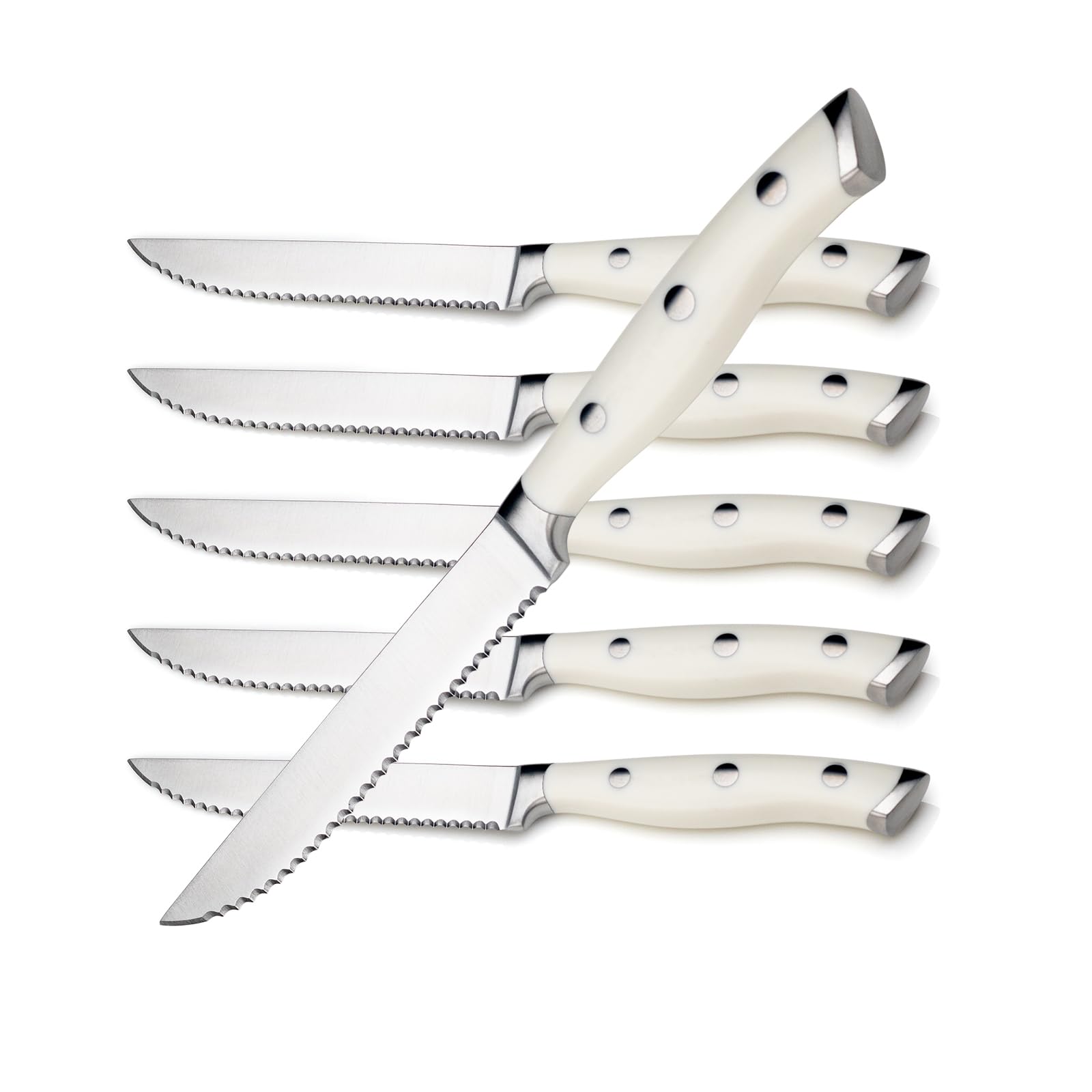Alata 6-Piece White Steak Knives Set, Stainless Steel Steak Knife set with Serrated Edge, Razor-Sharp, Full-Tang Construction