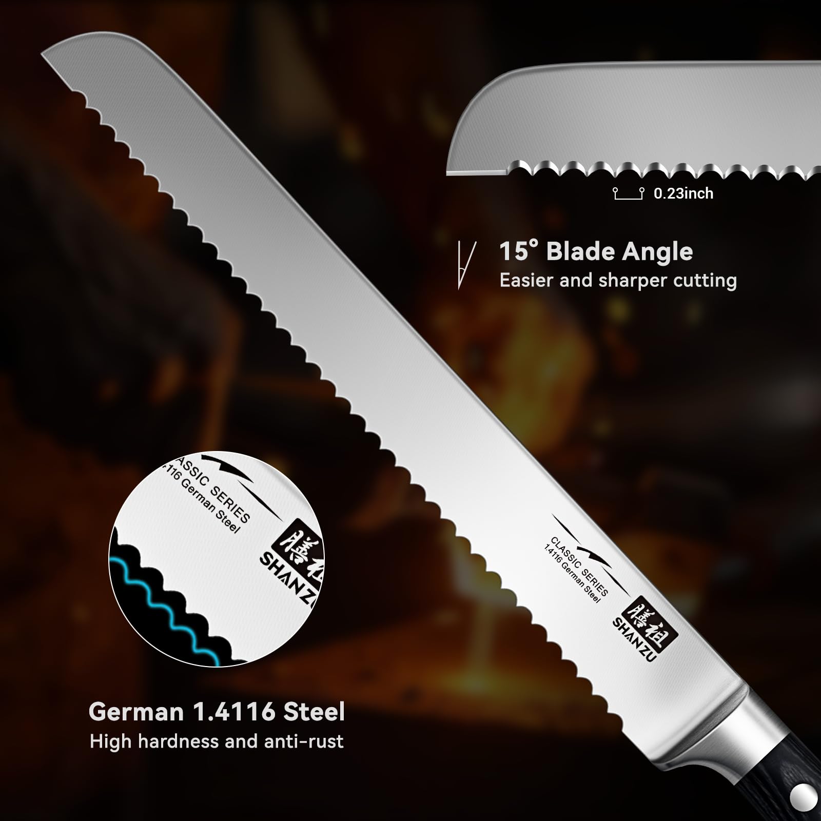 SHAN ZU 10-Inch Serrated Bread & Sourdough Knife with Wood Handle