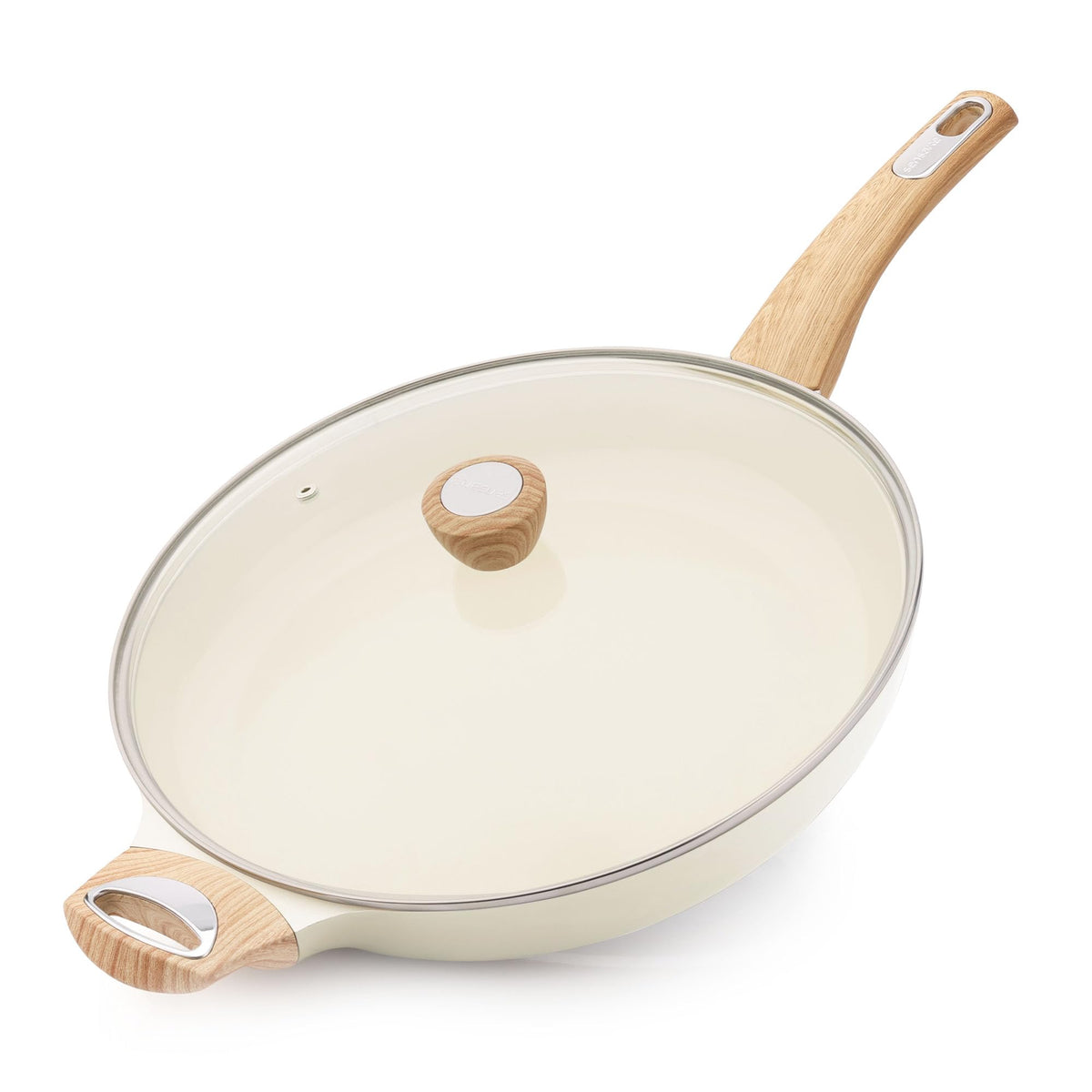 SENSARTE 9.5inch Ceramic Nonstick Frying Pan Paella Pan with Lid, Taupe