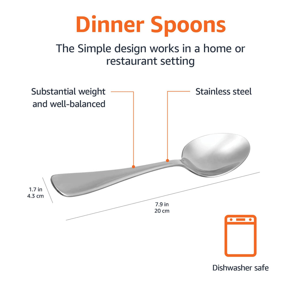 Amazon Basics Stainless Steel Dishwasher Safe Dinner Spoons with Round Edge, Large Tablespoons, Substantial Weight, 7.9 inches, Silver, Pack of 12