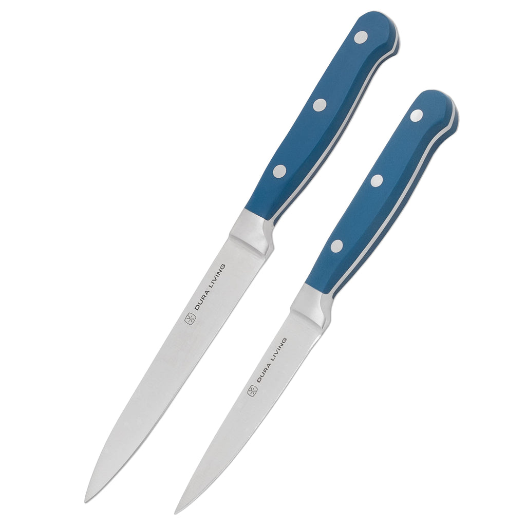 DURA LIVING Premium 4-Piece Steak Knife Set – Sharp Serrated Blades, Forged High Carbon Stainless Steel, Full Tang, Ergonomic Handle, Black – Perfect for Dining