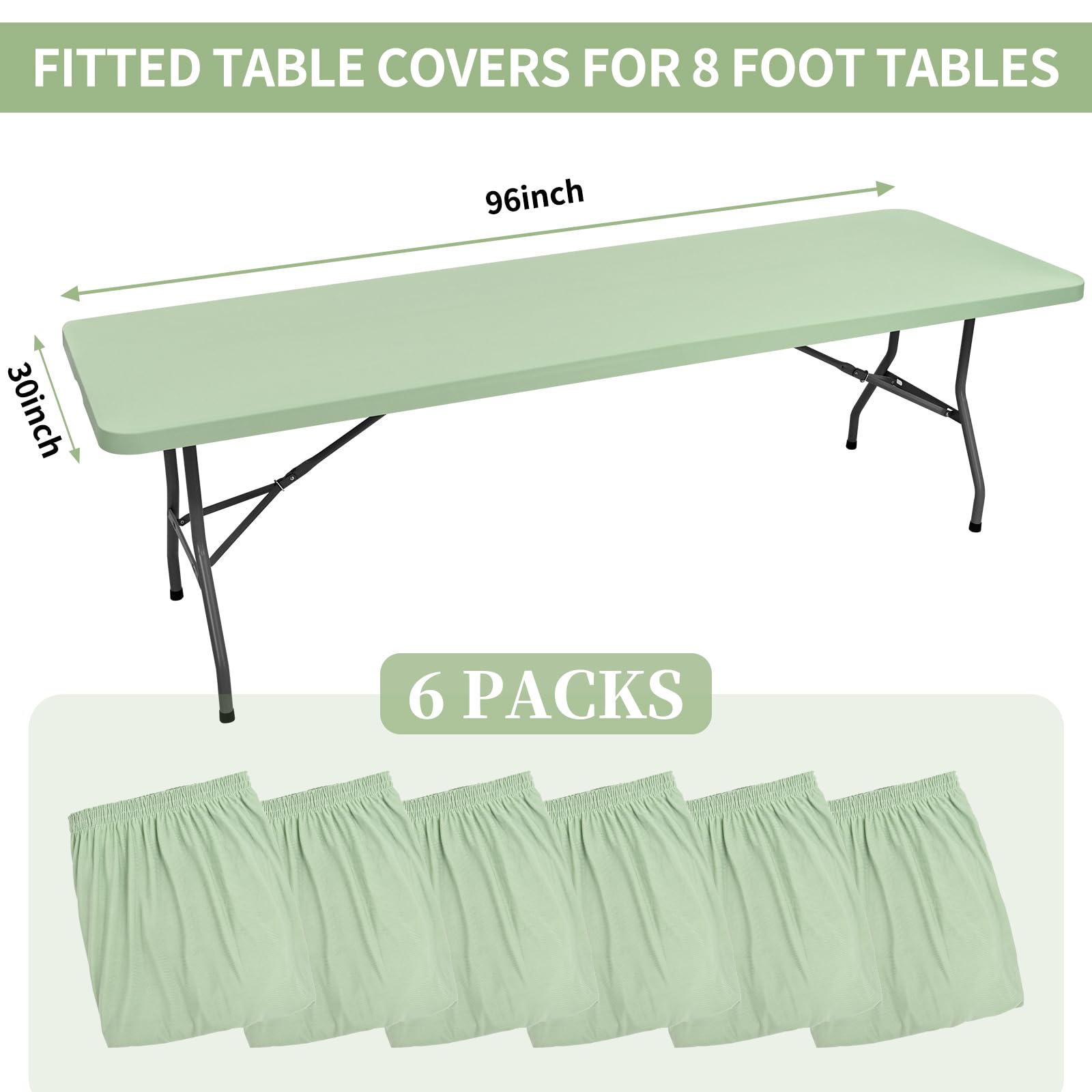 6 Pack Stretch Fabric Table Top Cap Cover, fits 8' Tables, Spandex Table Covers Washable Elastic Rectangle Tablecloth Protector for Indoor Outdoor Party Picnic Wedding, Sage Green, 30" W x 96" L