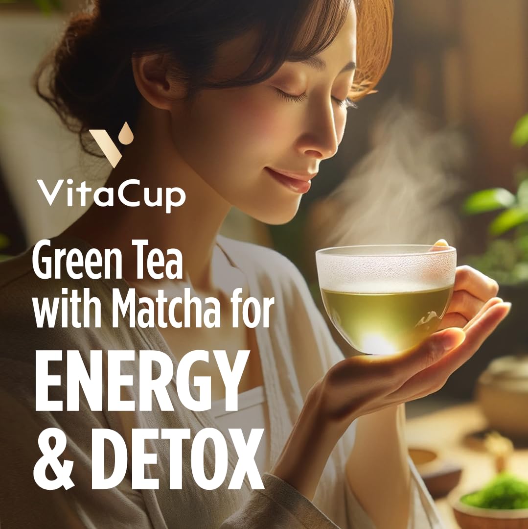 VitaCup Green Tea Pods, Enhance Energy & Detox with Matcha, Moringa, B Vitamins, D3, Keto, Paleo, Vegan, Single Serve Pod, Compatible with Keurig K-Cup Brewers,16 Ct