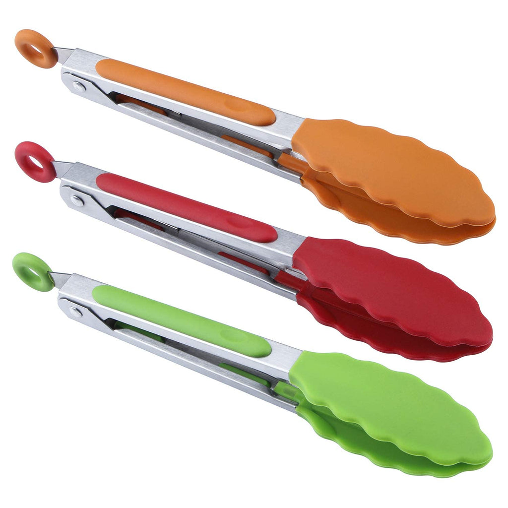 MSY BIGSUNNY Kitchen Food Tongs - 7" Mini Silicone Serving Tongs - Set of 3 (Blue)
