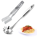 Pleafind Spaghetti Spoon and Spaghetti Tong 2-Piece Set, 13-Inch Non-Stick Spaghetti Fork and 11.4-Inch Kitchen Tong, Easy Storage and Cleanup, Ergonomic Design, Stainless Steel