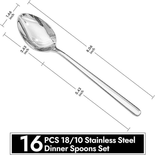 16-Piece 8-Inch Dinner Spoons Set, 18/10 Stainless Steel, Not Teaspoons