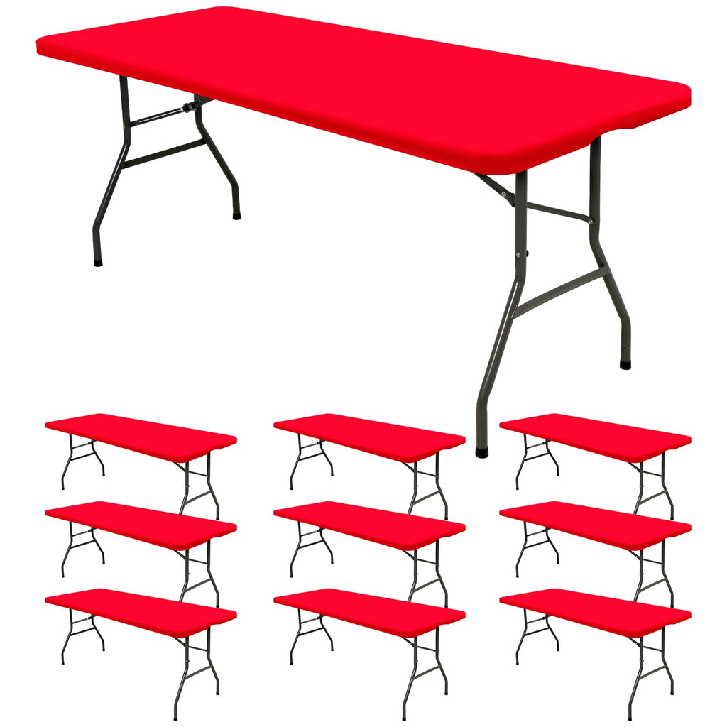 REWOMC 10 Pack Stretch Fabric Table Top Cap Cover, fits 8' Tables, Spandex Table Covers Washable Elastic Rectangle Tablecloth Protector for Indoor Outdoor Party Picnic Wedding, Red, 30" W x 96" L