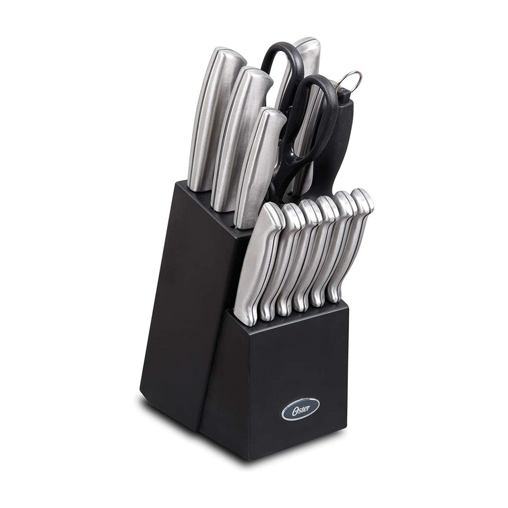 Oster Baldwyn 5-Piece Stainless Steel Knife Block Set with Wood Magnetic Stand – Countertop Display & Knife-Safe Storage