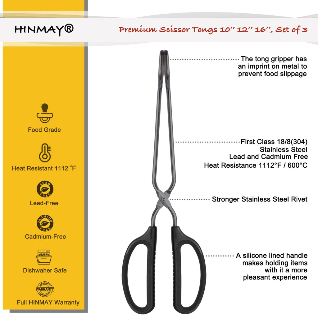 HINMAY 10" 12" 16" Stainless Steel Kitchen Scissor Tongs Set, Set of 3