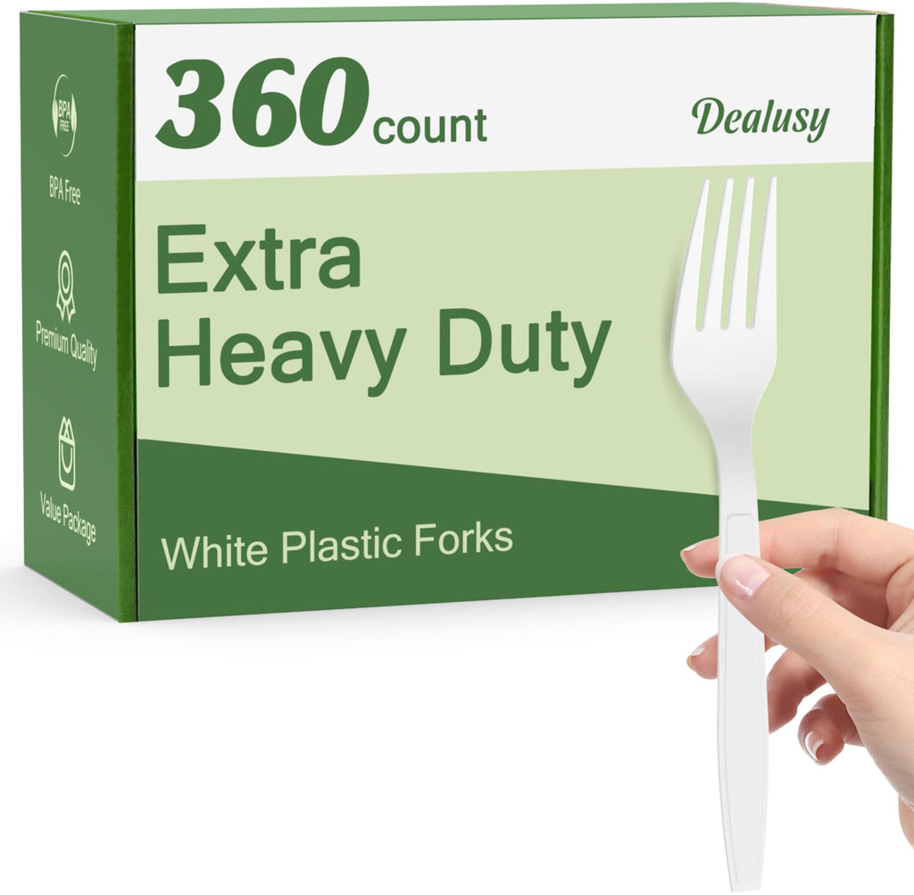 Dealusy 360 Count Extra Heavy Duty White Plastic Forks Disposable
