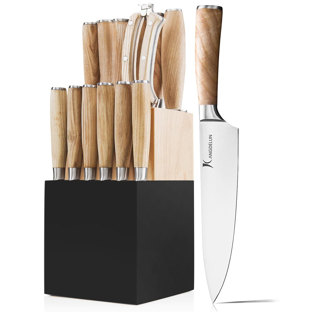 Kangdelun Ultra Sharp 15-Piece Kitchen Knife Set, High Carbon Stainless Steel Blades, Torrefied Natural Wood Handles, Ergonomic Design, Space-Saving Black-Finished Wood Block, Easy Hand Wash, Gift Box
