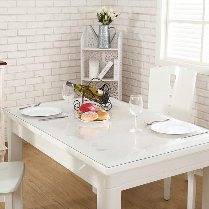 NECAUX Custom Multisize 1.5mm Thick Clear PVC Table Cover Protector - 48 x 86 Inch Rectangular Plastic Protective Table Pad Kitchen Wood Grain Vinyl Dining Room Table Cover