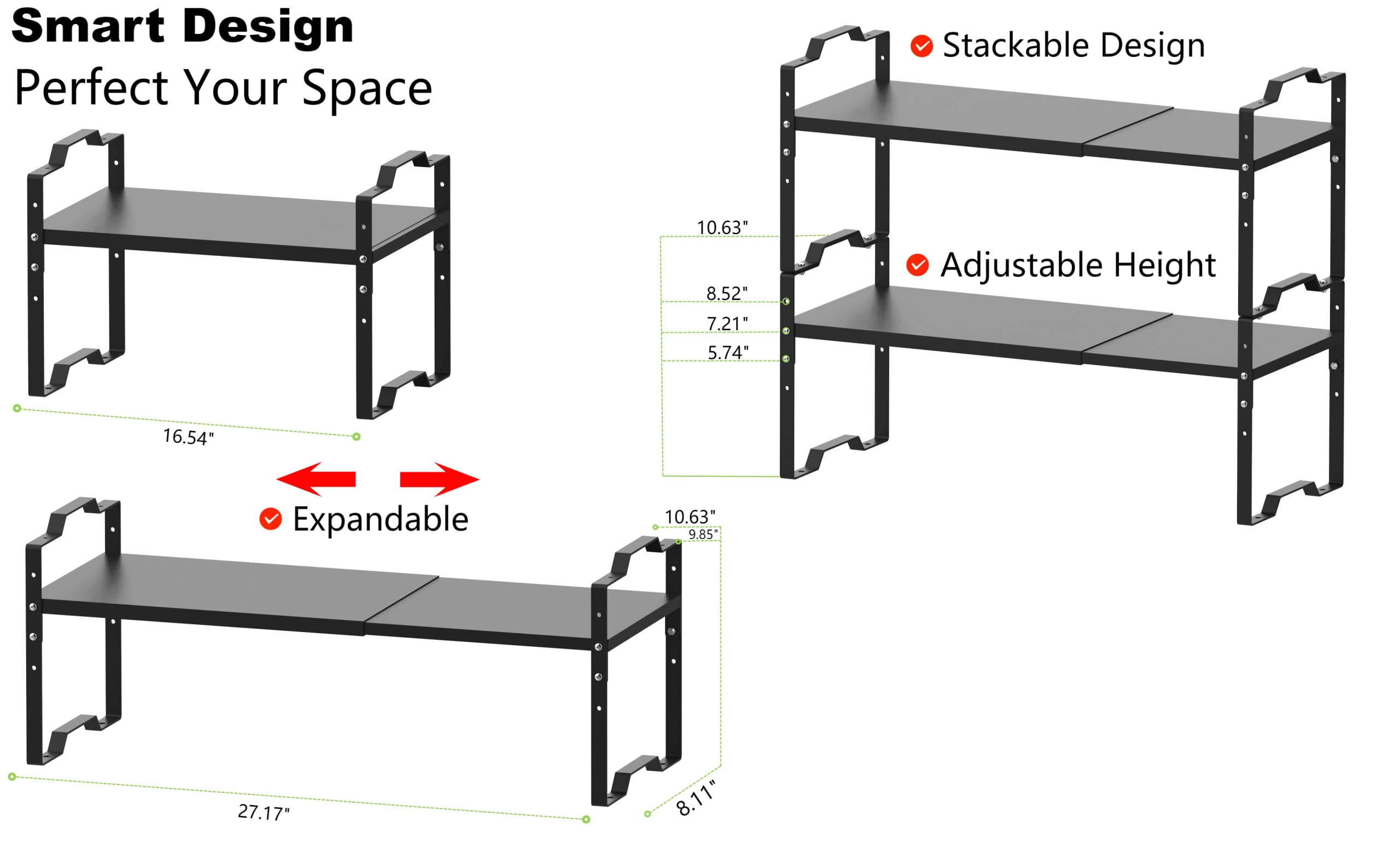 Jojocross Expandable Shelf for Cabinet Organizer Adjustable Stackable Spice Rack at Kitchen and Bathroom More, Counter Countertop Cupboard Organization Pantry Storage(MEDIUM/3PACKS/BLACK)