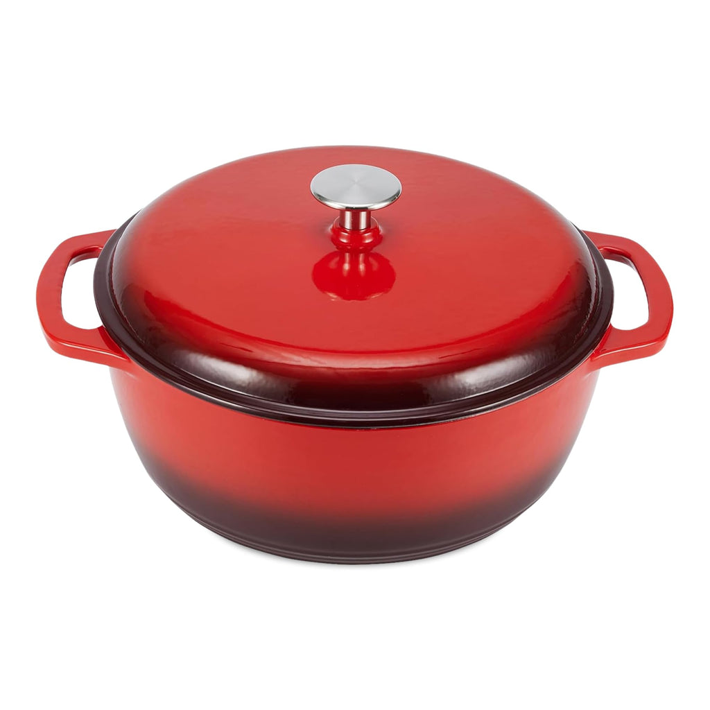 Enameled Cast Iron Dutch Oven Pot with Lid, Round, Dual Handles, Heavy-Duty, Oven Safe for Stews, Roasting, Baking, 6-Quart, Red