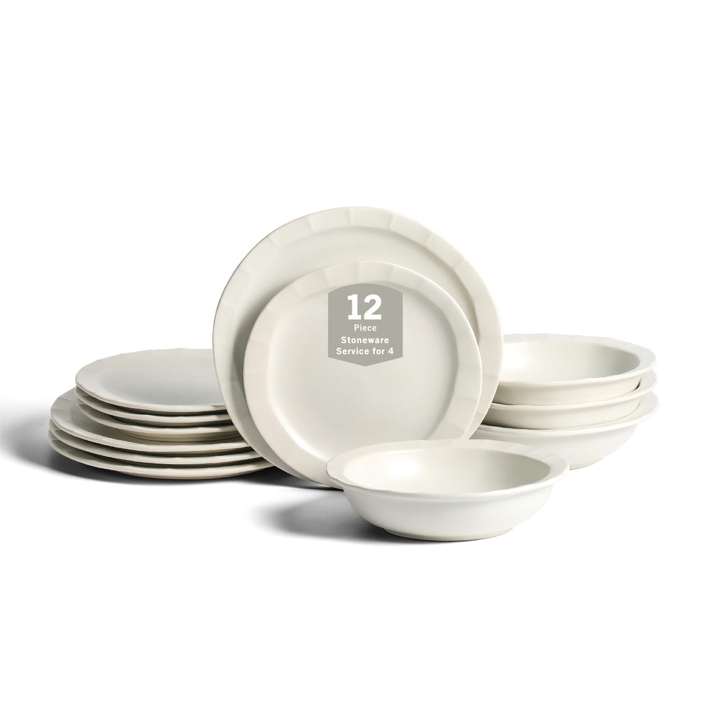 Stone Lain Oasis Stoneware Plate Dish Set, 4-Piece Dinner Plates - Ceramic Serving Dishes for 4 People - Microwave & Dishwasher Safe, White