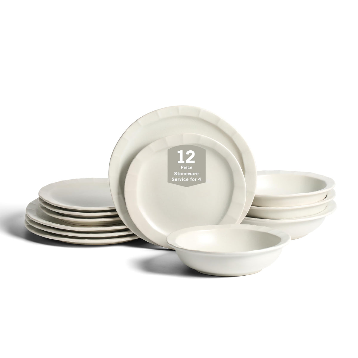 Stone Lain Oasis Stoneware Plate Dish Set, 4-Piece Dinner Plates - Ceramic Serving Dishes for 4 People - Microwave & Dishwasher Safe, White