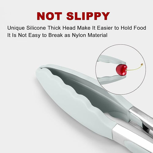 2 Pack Silicone Kitchen Tongs – 9" & 12" Set, Heat Resistant up to 500°F, Non‑Stick Cookware Safe, Wavy Silicone Tips, BPA Free, Locking Clip & Hanging Loop, Warm Grey
