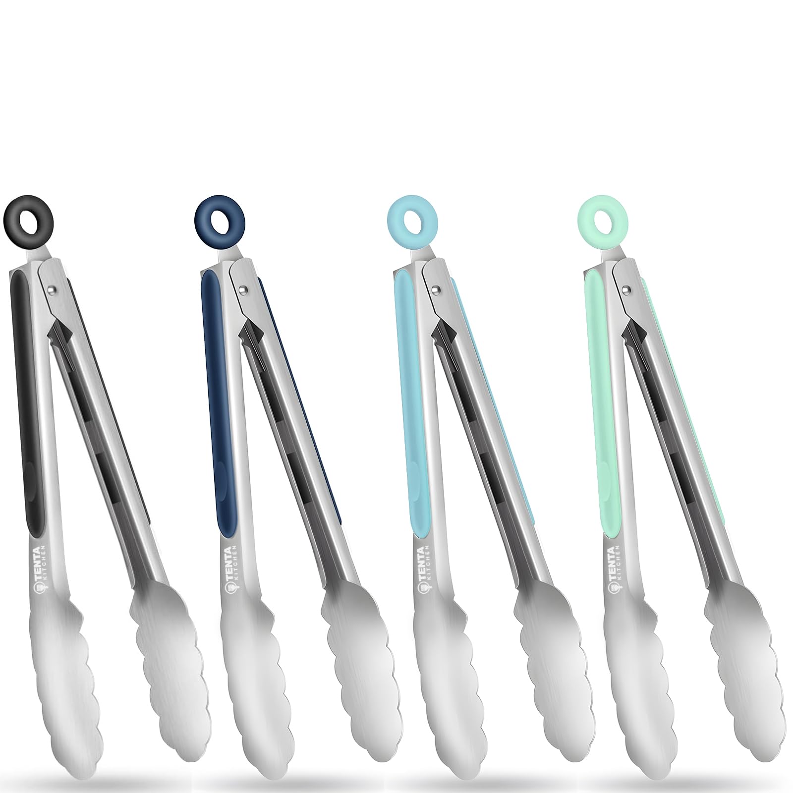 Tongs for Cooking, 9-Inch Stainless Steel Kitchen Tongs, Locking Metal Food Tongs with Silicone Non-Slip Grip, Kitchen Utensils for Food, Salad and Outdoor BBQ (Set of 4)