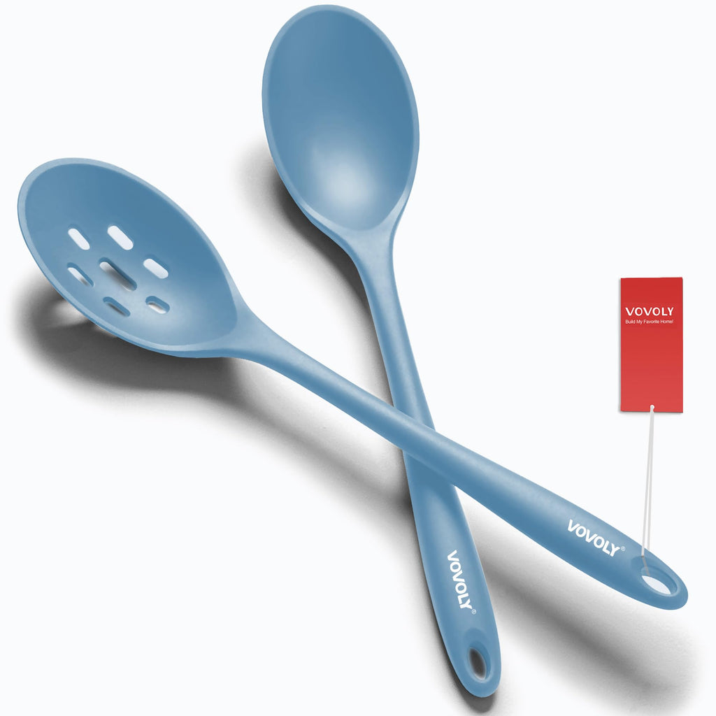 Vovoly Silicone Spoons for Cooking - Extra Large Solid & Slotted Set, Red