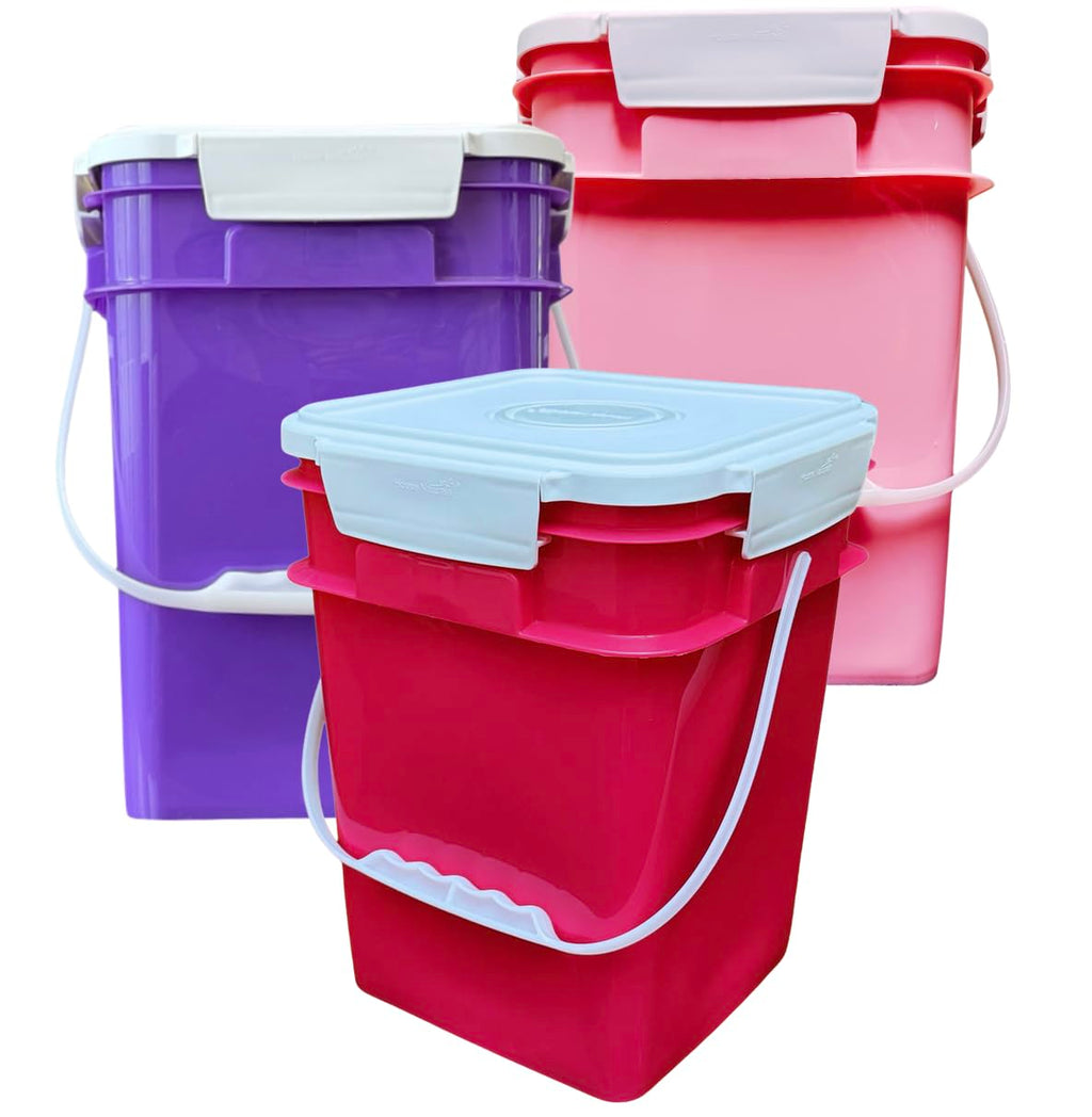 House Naturals 4 Gallon Square Food Grade Bucket Pail with Plastic Handles and Lid (Pack of 3) Made in USA containers (White)