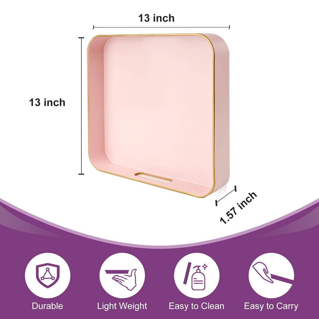Gifturbo Pink Square Decorative Tray,Serving Tray with Handles with Gold Trimming Plastic Coffee Table Tray for Ottoman, Living Room, Home Decor,Bathroom with Gold Trimming, 13” x 13” x1.57”