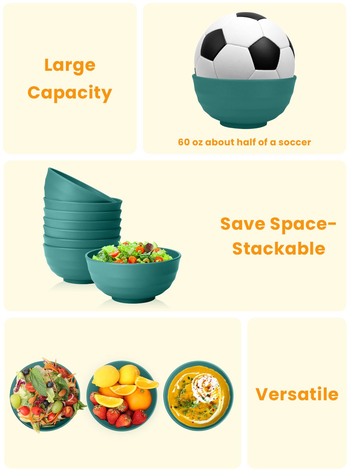 Homienly Large Bowls for Eating: Set of 8 Unbreakable 60oz Wheat Straw Bowls, Non-Plastic & Microwave Safe for Everyday Salad, Soup & Oatmeal (Green)