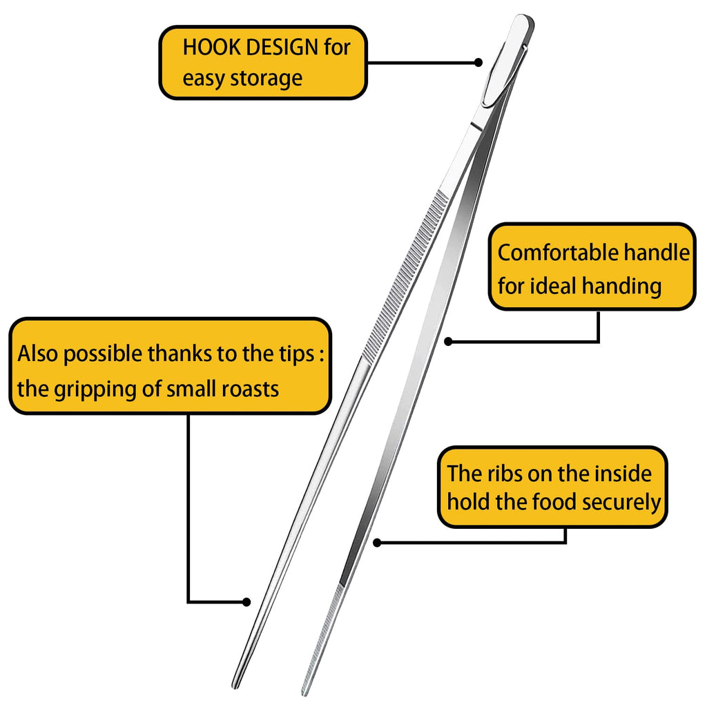 JETKONG 2 Pieces Extra-Long Tweezer Tongs 12-Inch Stainless Steel Tweezers Chef Tweezers