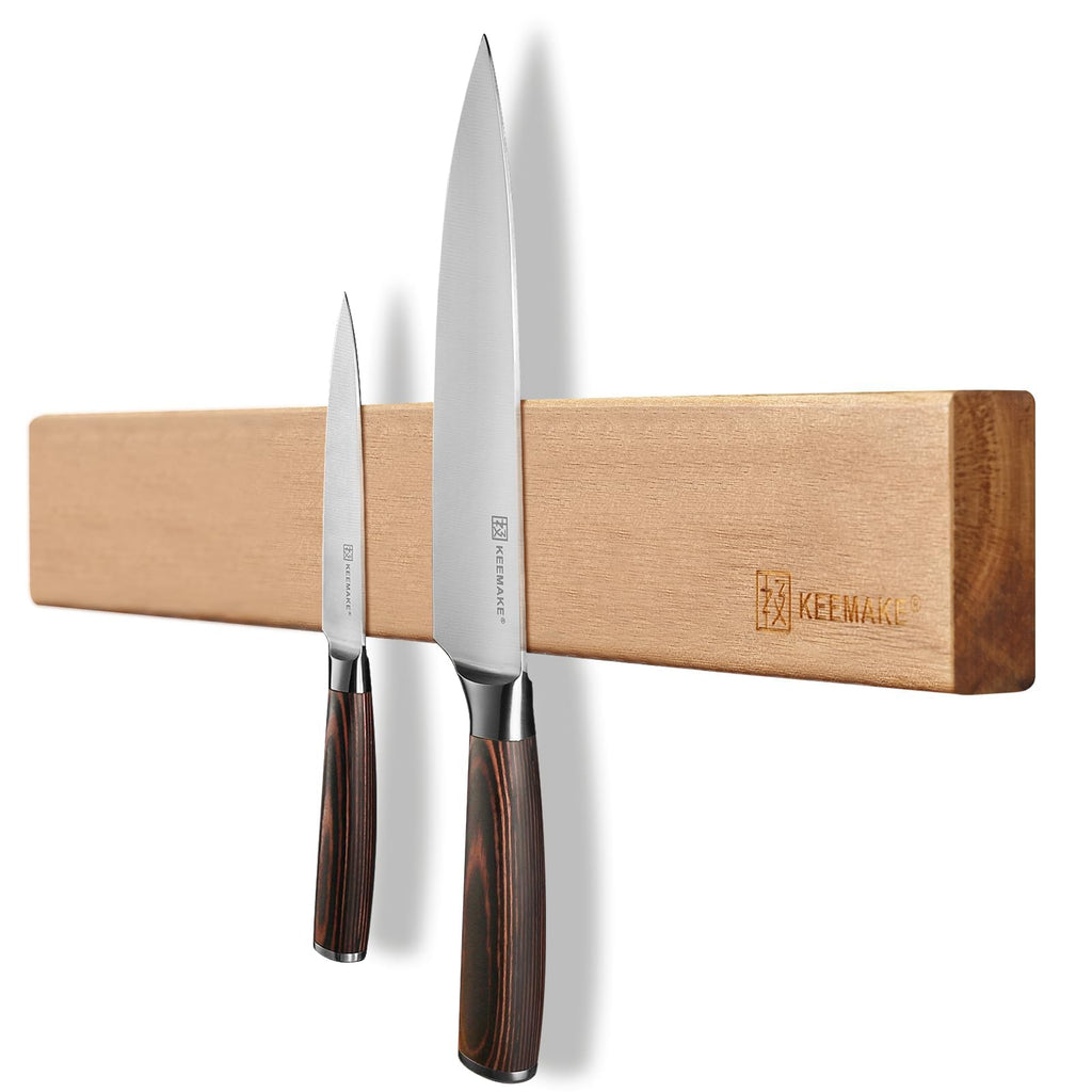 KEEMAKE Magnetic Knife Block with Acrylic Shield, Thickened Wood Kitchen Knife Holder Stand without Knives, Double Side Strong Magnets Knife Storage Organizer for Kitchen Counter top