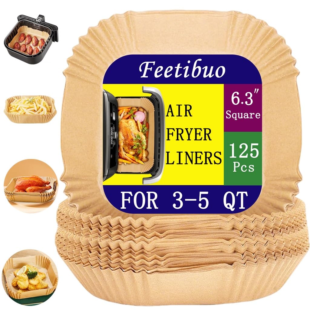 Feetibuo parchment paper for air fryer, 6.3inch square air fryer liners disposable,125PCS Non-stick parchment paper sheets for 3-5QT airfryer liners, Baking, Roasting Microwave