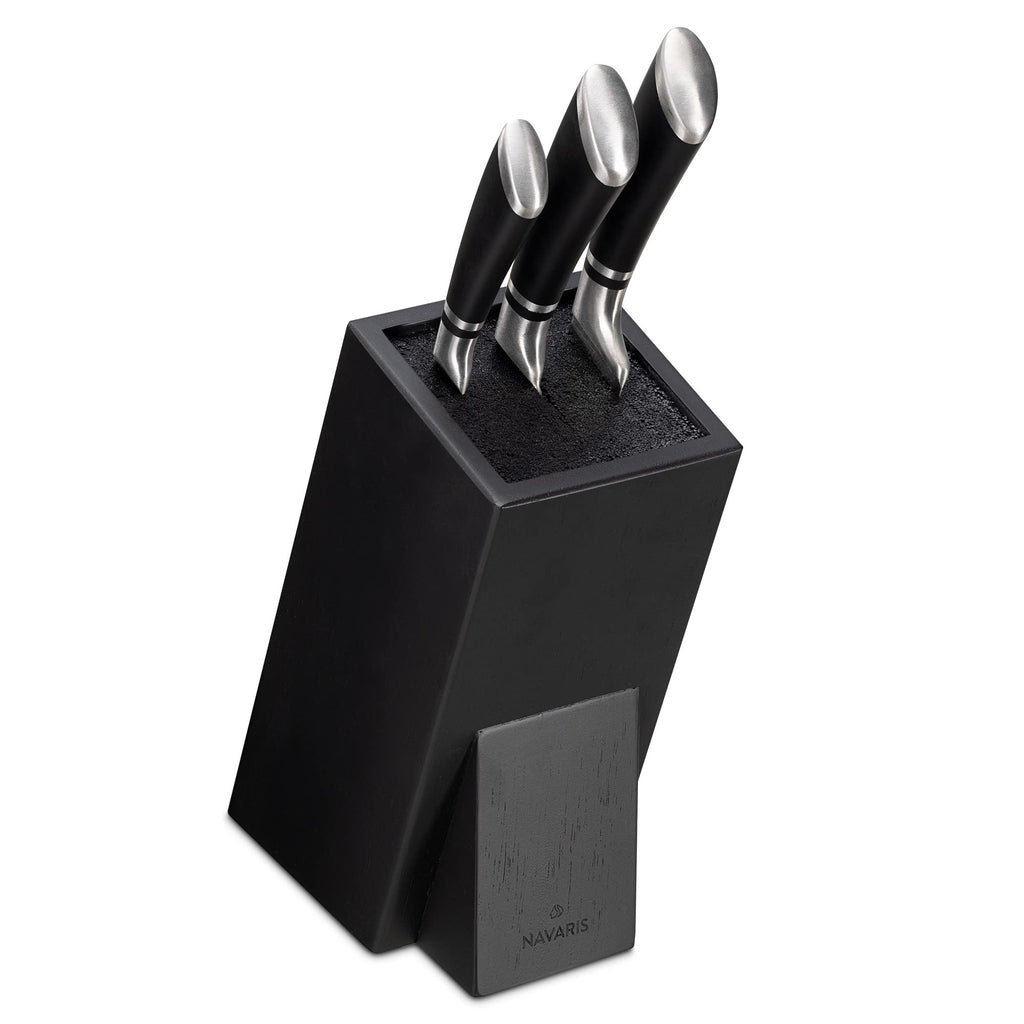 Navaris Universal Knife Block Holder - Rubber Wood Stand with Bristles to Fit Different Sizes of Knives - Angled Design, 9.8" x 5.9" x 4.1’" - Black