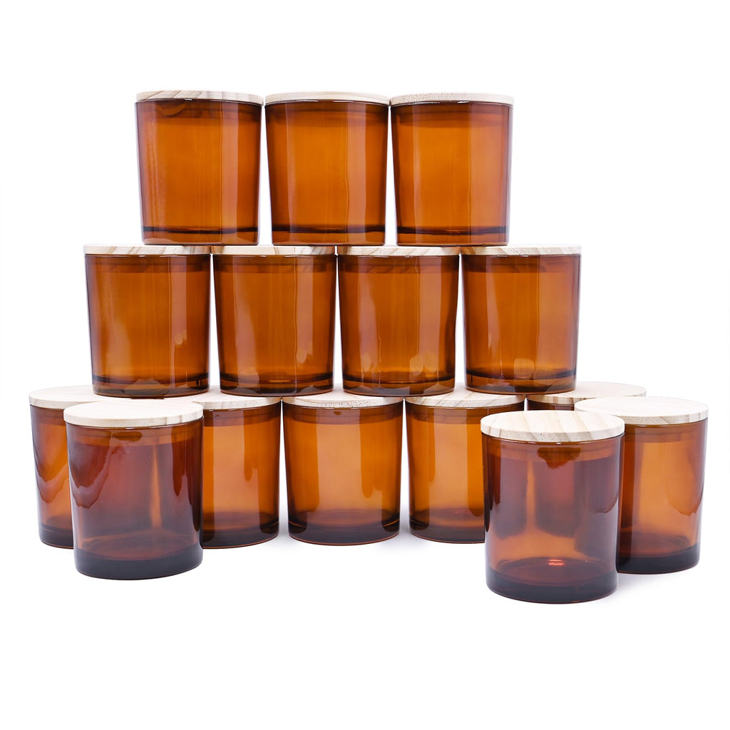 SHOWIN 10 OZ Thick Candle Jars for Making Candles 15 Pcs, Empty Jars with Wood Lids for Candle Making, Sample Container, Frosted Grey