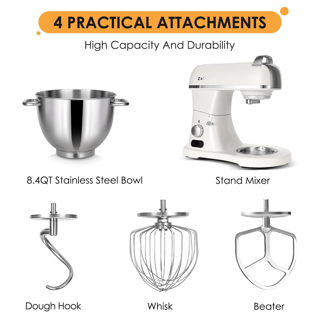 ZACME 8.4QT Commercial Stand Mixer 800W with Aluminum Die Casting Meets the Standard of NSF/ANSI 8-2023, Mixers Kitchen Electric Stand Mixer with Stainless Steel 8L Bowl, Dough Hook, Whisk and Beater