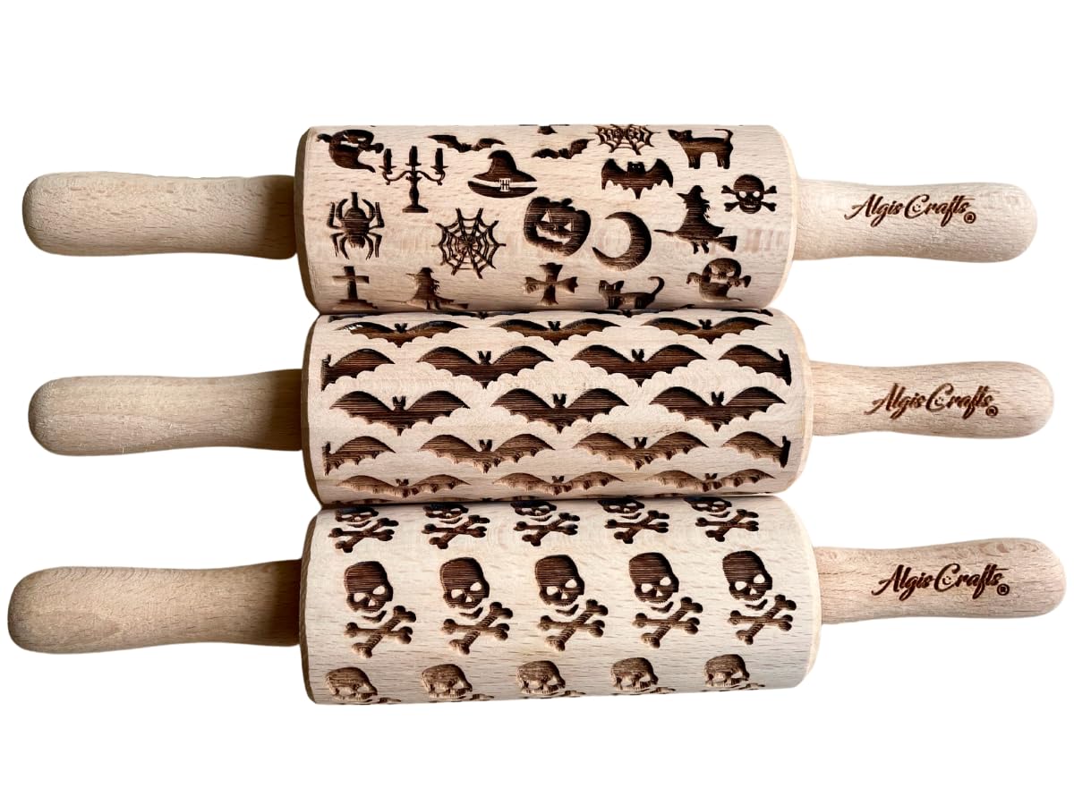 SEASONS 3 Mini Embossed Rolling Pin Set. Wooden Laser Cut Mini Rolling Pins for cookies or clay with spring flowers, tulips, daffodils, strawberries, raspberries, birch, trees by Algis Crafts