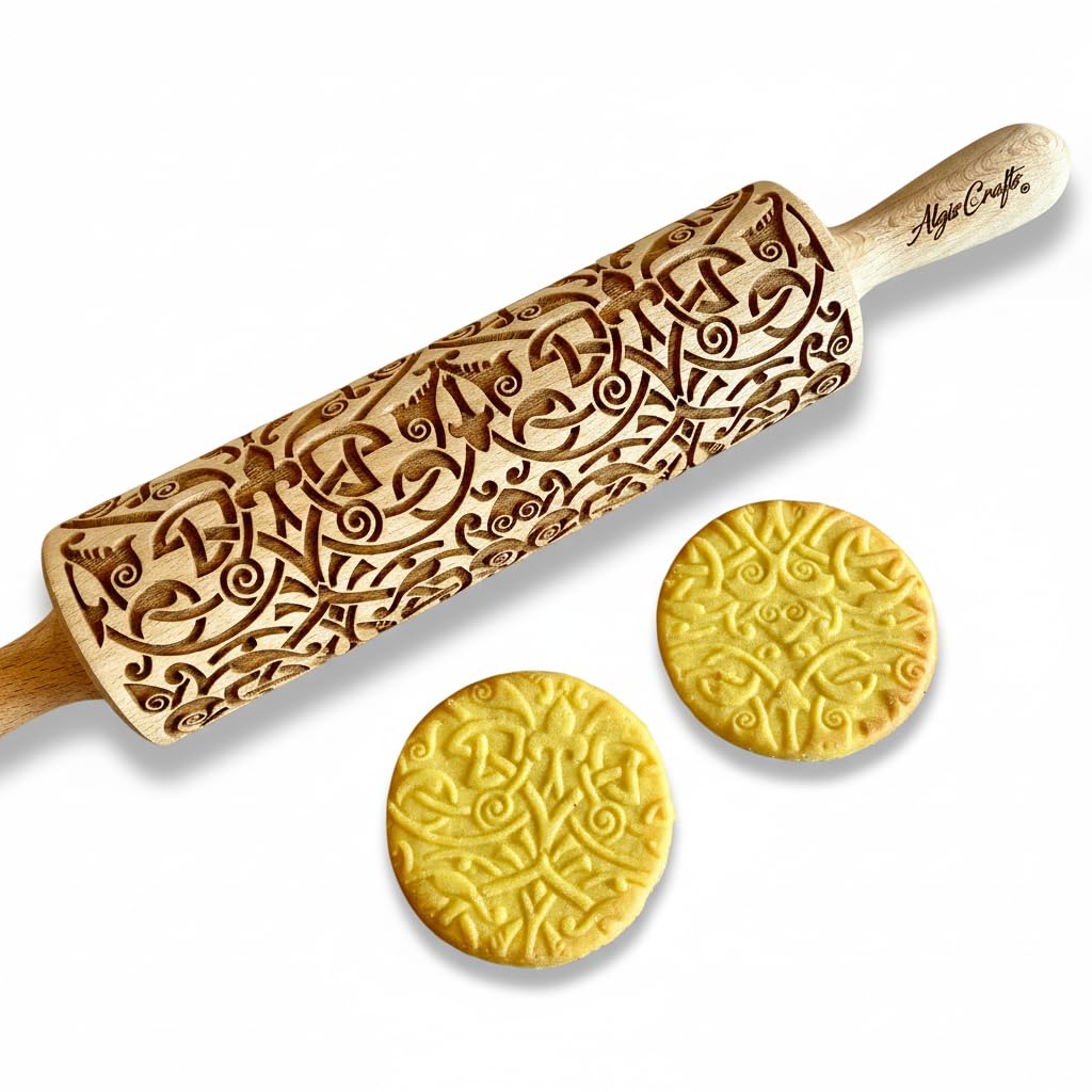 AZTEC Embossed Rolling Pin for Ceramic. Clay Roller and Ceramic Stamp for Embossing Pottery. Baking Gifts for Women by Algis Crafts for Embossed Cookies