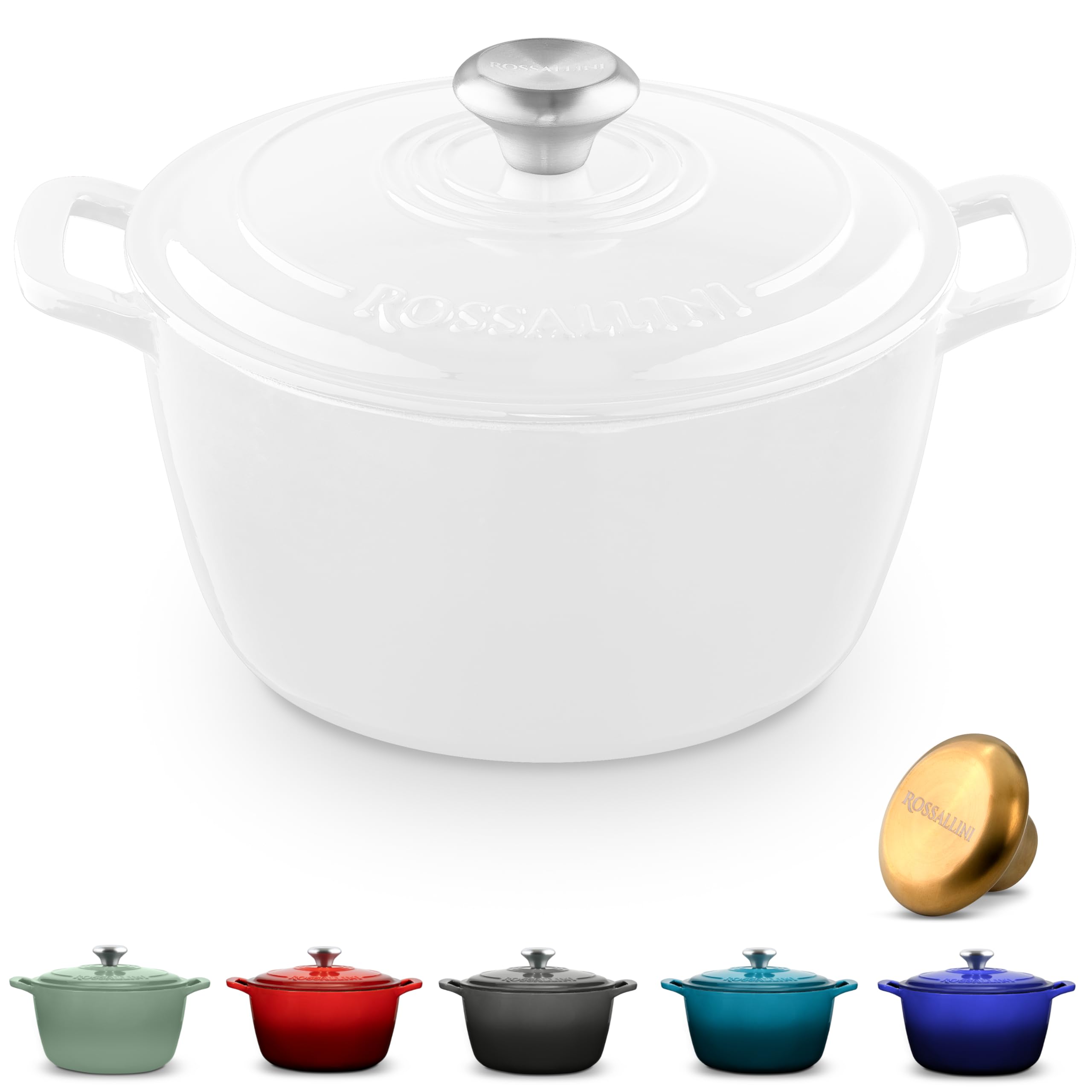 ROSSALLINI Signature Enameled Cast Iron Dutch Oven, Non-Stick Serving Pot with Tight Fitting Lid for Perfect Roasting, Baking, Sauteing, and Bread Making | 10Q (9.5L) - White