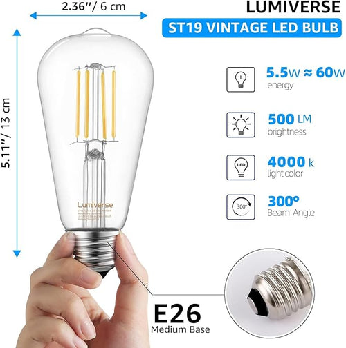 16 Pack ST19 Dimmable LED Edison Bulb, 5.5W (60W Equivalent) 500LM, CRI 95+, 4000K Cool White, E26 Medium Base, Vintage Filament, Clear Glass, Standard Type A Lamp for Kitchen, Bathroom, Bedroom