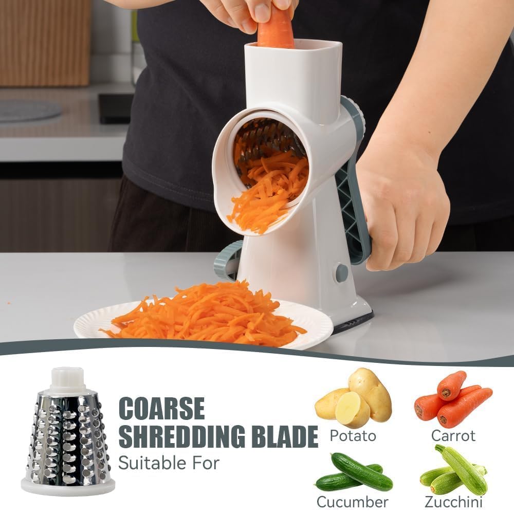 KEOUKE Rotary Cheese Grater Hand Crank White - Shredder Slicer Grinder 3 Stainless Steel Blades, Stable Suction, Labor-Saving Handle, Safe Kitchen Tool for Cheese, Vegetable, Nuts, Chocolate