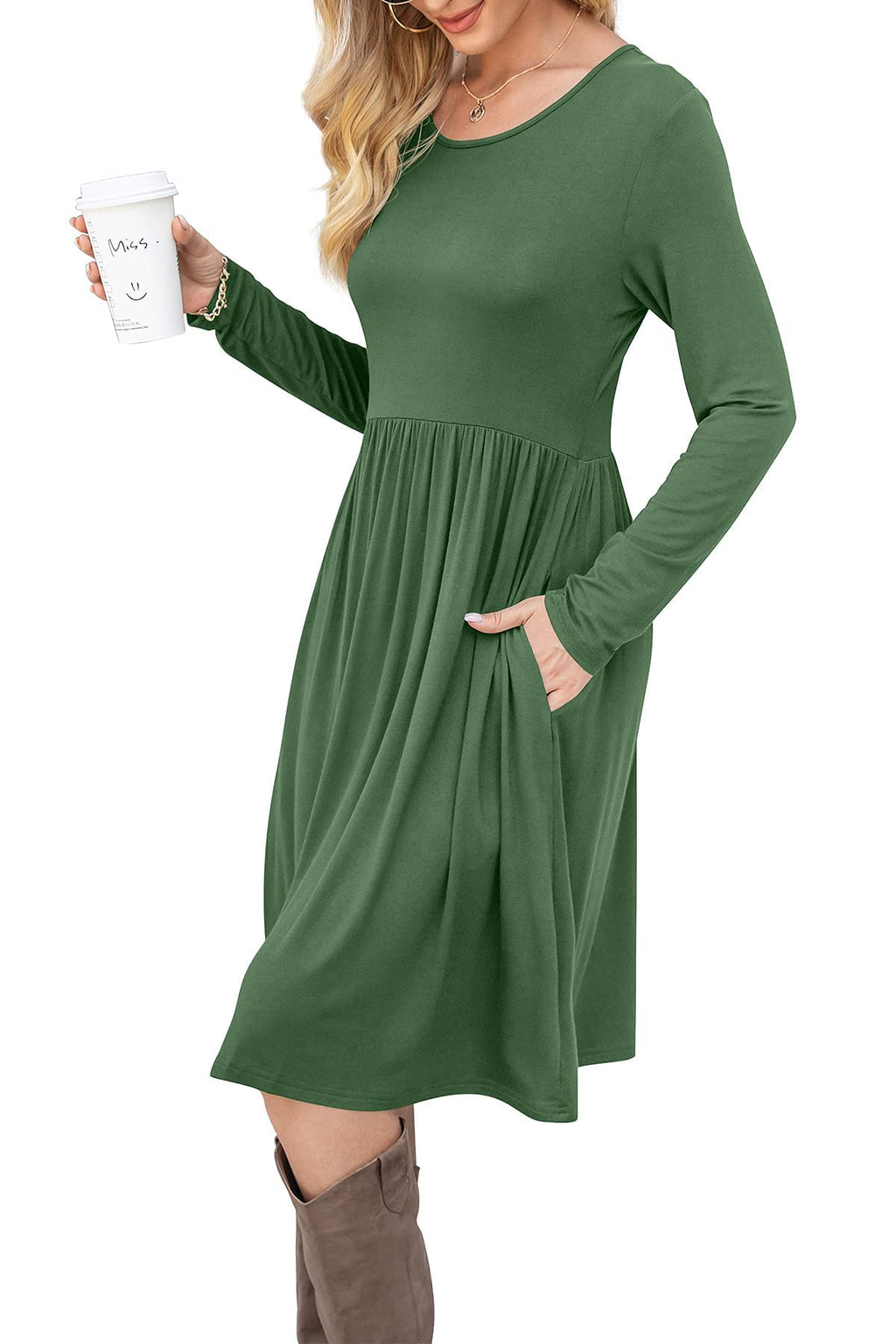 DB MOON Women Casual Long Sleeve Dresses Empire Waist Loose Dress with Pockets (Army Green, S)