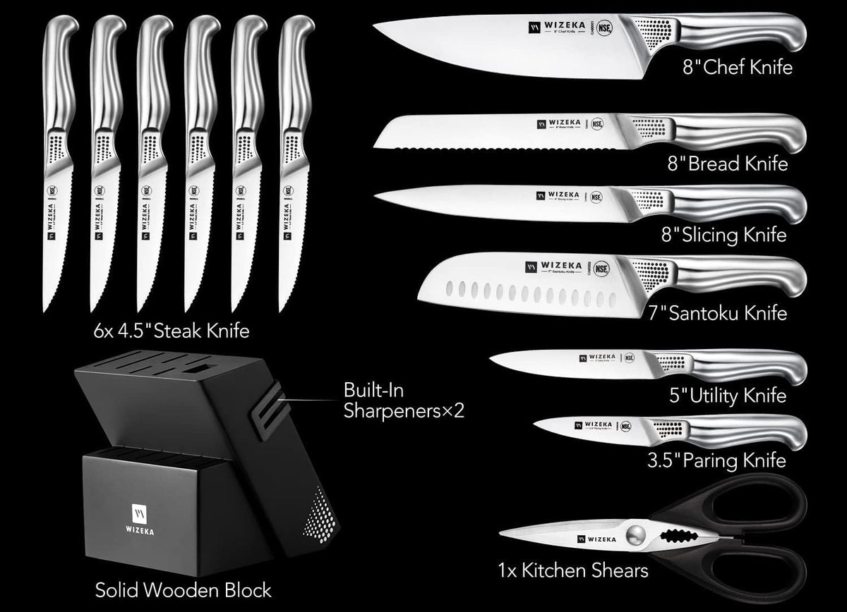 WIZEKA Kitchen Knife Set with Block and Sharpener German Steel 15 Piece
