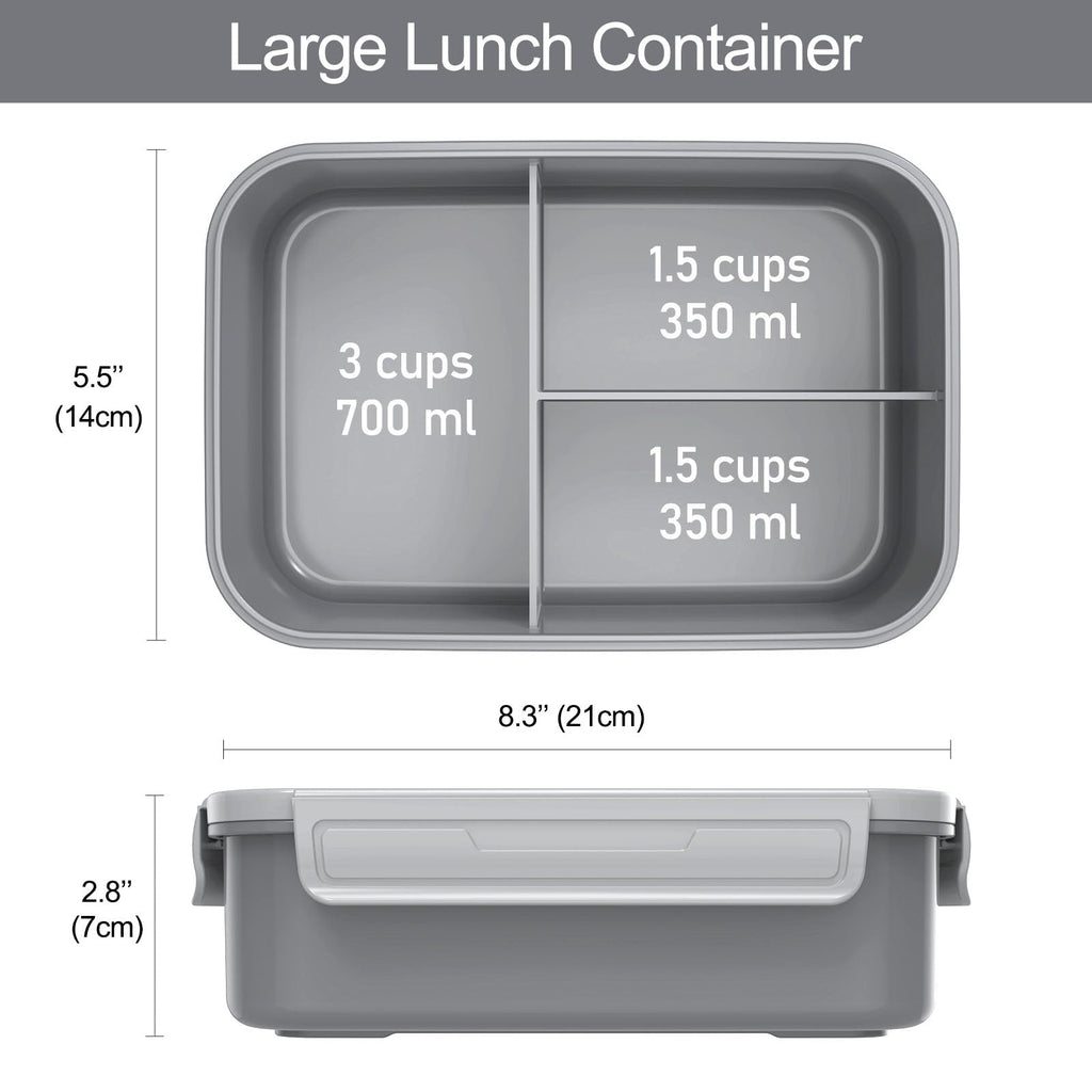 Caperci Classic Bento Box Adult Lunch Box for Older Kids - Leakpoof 47 oz 3-Compartment Lunch Containers for Adults and Teens, Built-in Utensil Set, Ideal for On-the-Go Balanced Eating, Gray