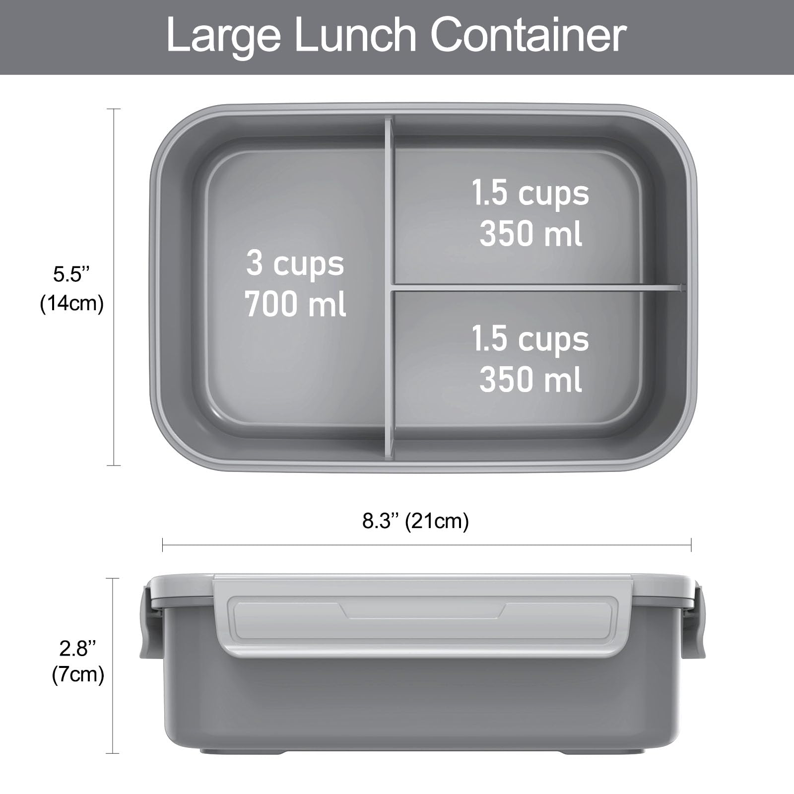Caperci Classic Bento Box Adult Lunch Box for Older Kids - Leakpoof 47 oz 3-Compartment Lunch Containers for Adults and Teens, Built-in Utensil Set, Ideal for On-the-Go Balanced Eating, Gray