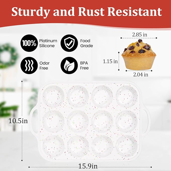 Silicone Muffin Pan with Metal Frame, Metal Reinforced Frame Regular Size Cupcake Pan with Handle 12 Cups Nonstick Muffin Pan for Baking BPA Free 2 Pack